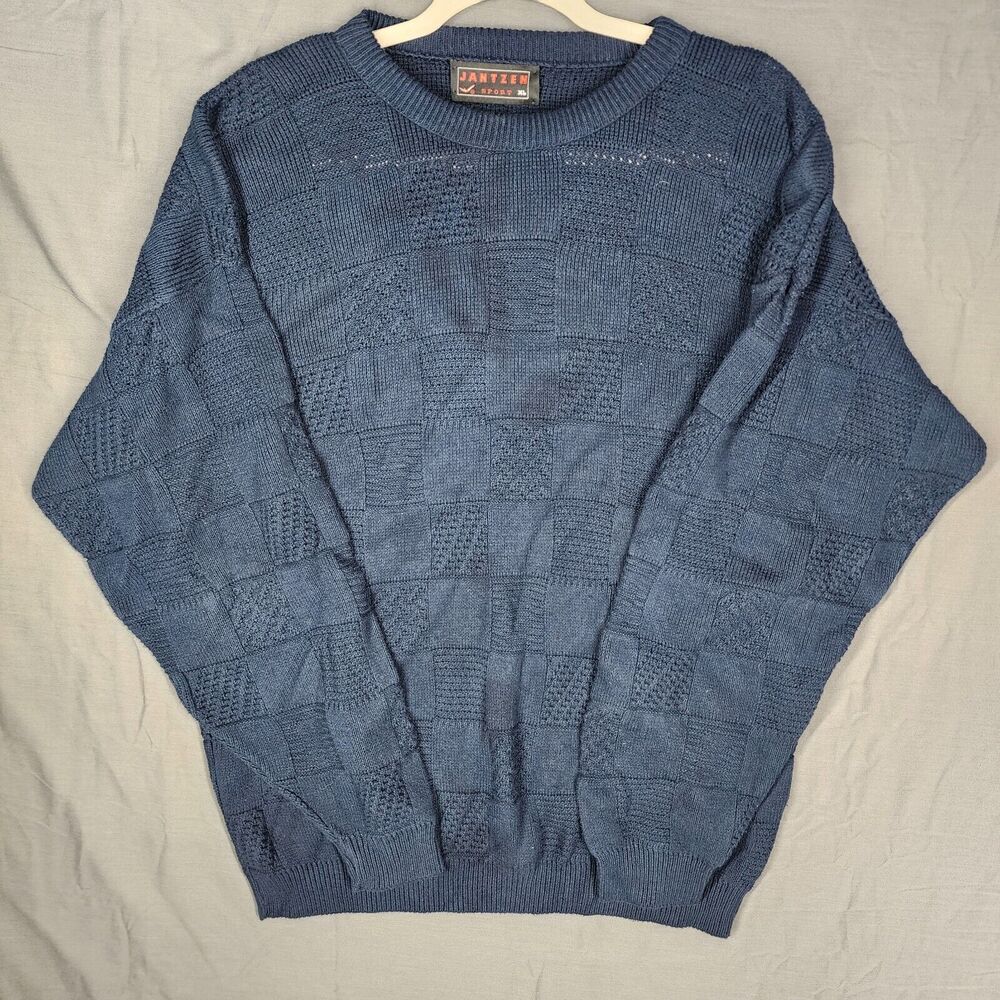 Vintage Jantzen Sweater Men's X Large Blue Navy Crewneck Pullover Square Pattern